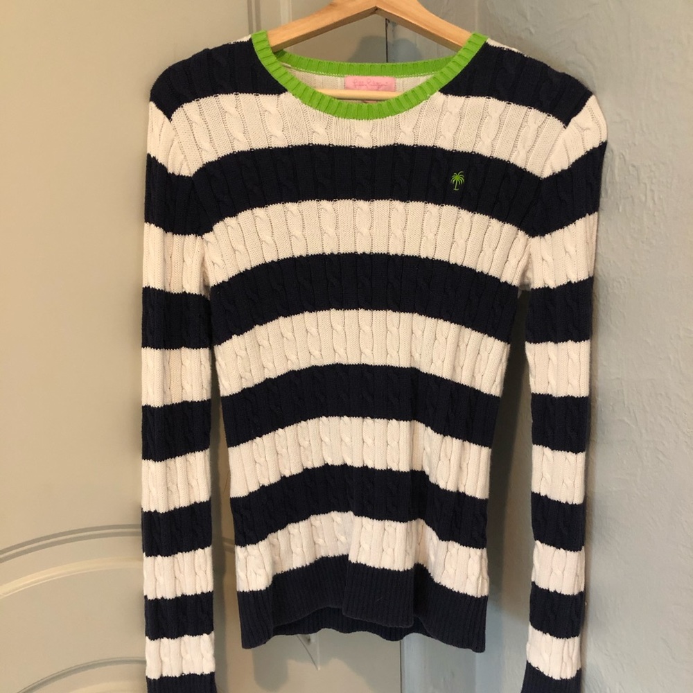 Navy and White Striped Sweater with Green Neckline